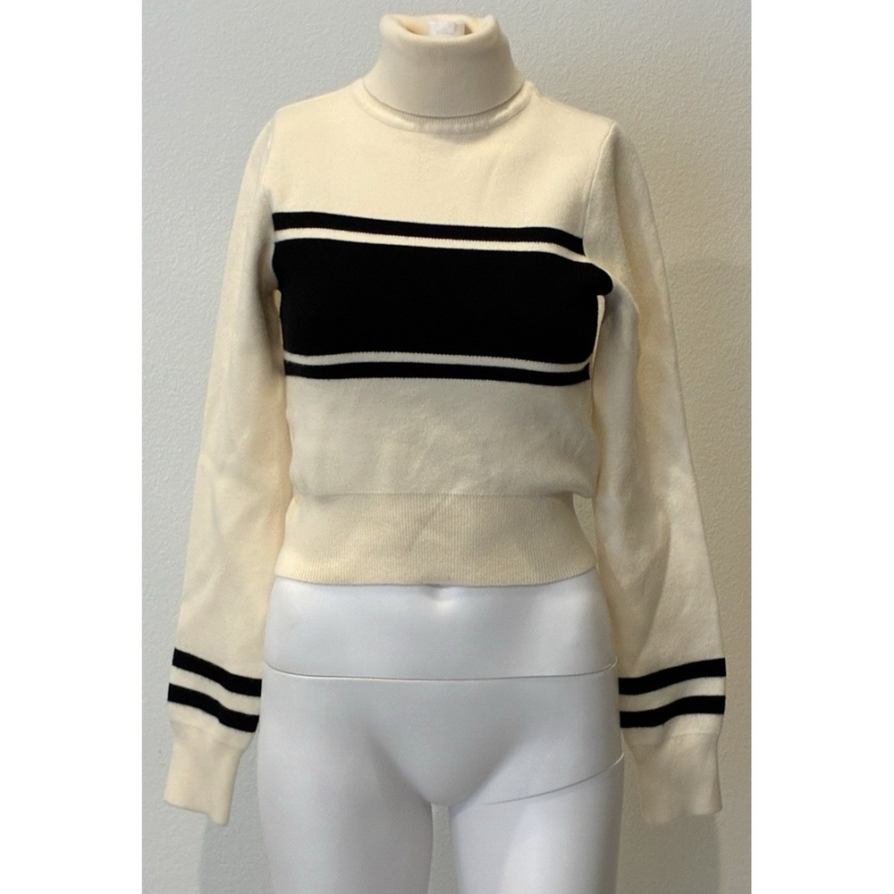 Forever 21 Womens S Cropped Striped Turtleneck Sweater Ivory Black Minimalist